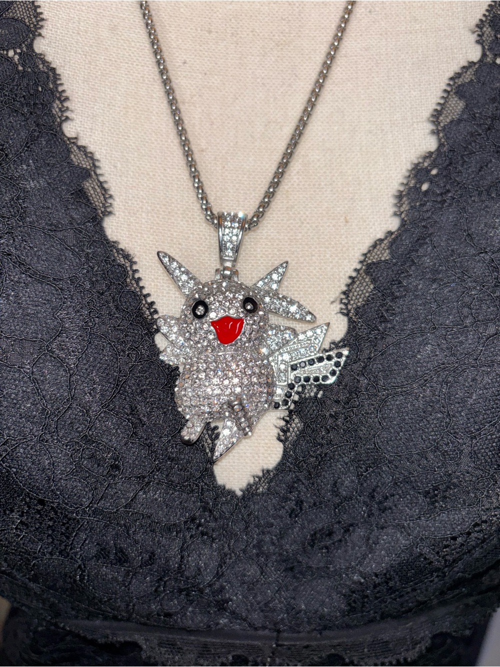 Crystal Pave Silver tone PIKACHU Pendant Necklace Pokemon